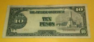 Wwii Philippines Japanese Occupation 10 Pesos Bank Note,  Vf - Xf photo