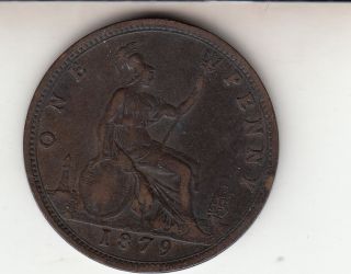 1879 Queen Victoria Large One Penny (1d) Bronze British Coin photo