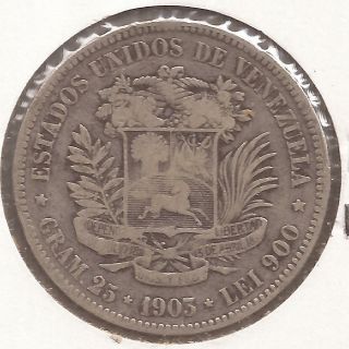 Silver Coin Venezuela 5 Bolivares 1903 Fuerte World Coin Gram 25 photo
