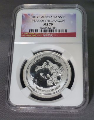 2012 P Australia 1/2oz Silver 50 Cents Year Of The Dragon Ngc Ms70 photo