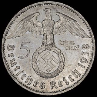Ww2 German 5 Mark Silver Coin 1938 G Third Reich Big Swastika Hindenburg Nazi Sk photo
