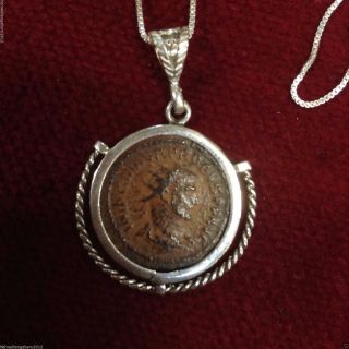 Roman Bronze Coin In Sterling Silver Pendant,  Vintage Holy Land Jewelry photo