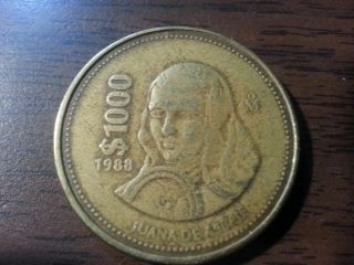 1988 - 1000 - Pesos - Circulated - Mexican - Coin - Sor - Juana - Ines photo