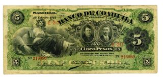 Mexico/coahuila … P - S195c … 5 Pesos … 15 - Feb - 1914 … F photo