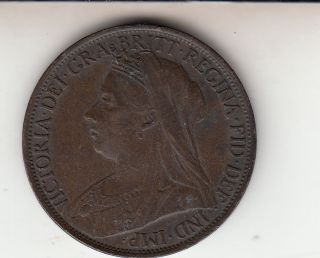 1896 Queen Victoria Large One Penny (1d) Bronze British Coin photo