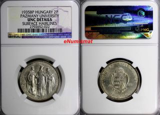 Hungary Silver 1935 Bp 2 Pengo Ngc Unc Details Pazmany Univer - 50,  000 Km 513 photo