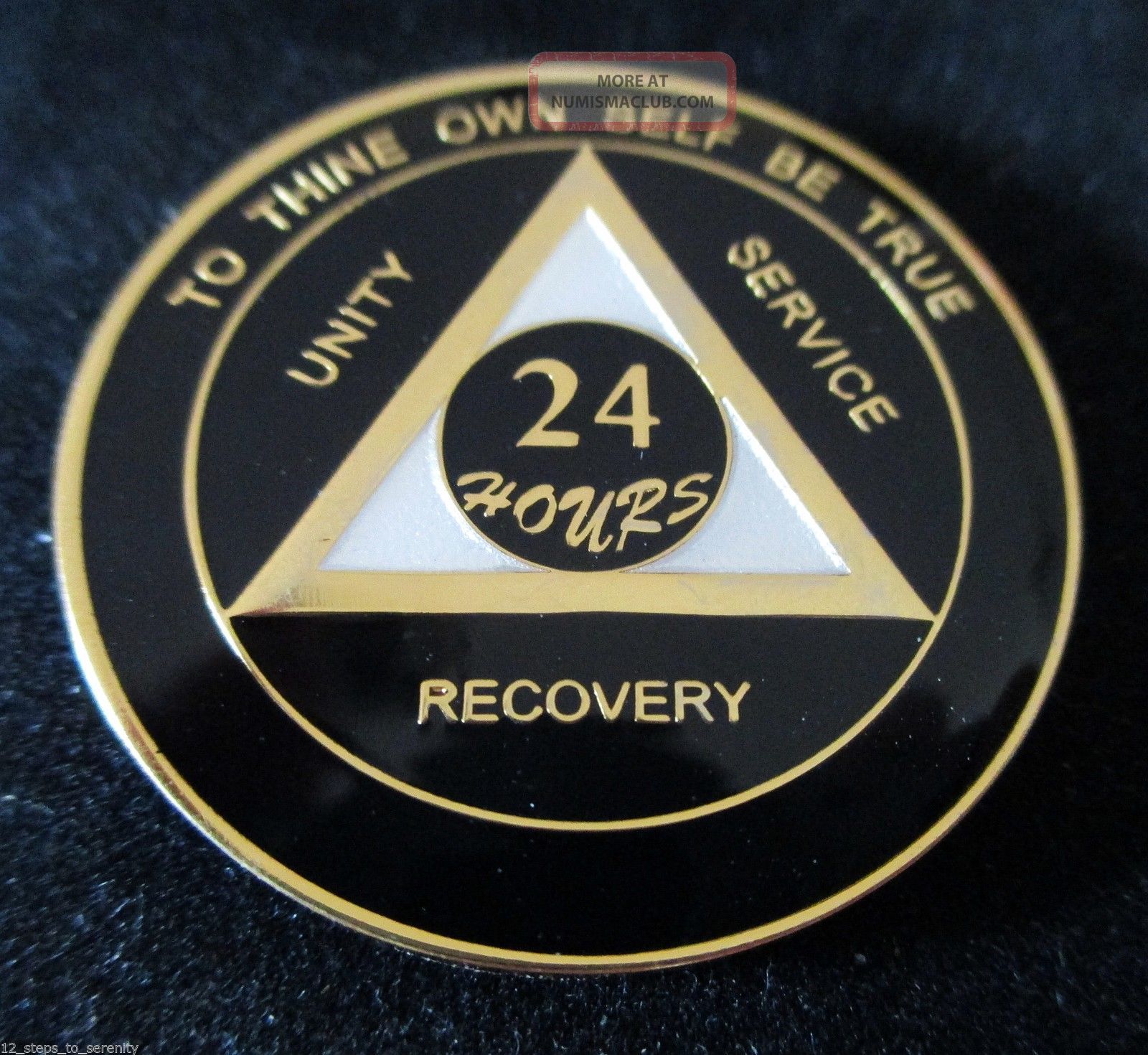 24 Hours Aa Alcoholics Anonymous Anniversary Painted Black Pearl Gold Medallion Exonumia photo