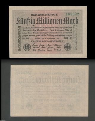 1923 Germany Reichs Banknote 50 Million Banknote 6 Digits Paper W/mark Gb 31 photo