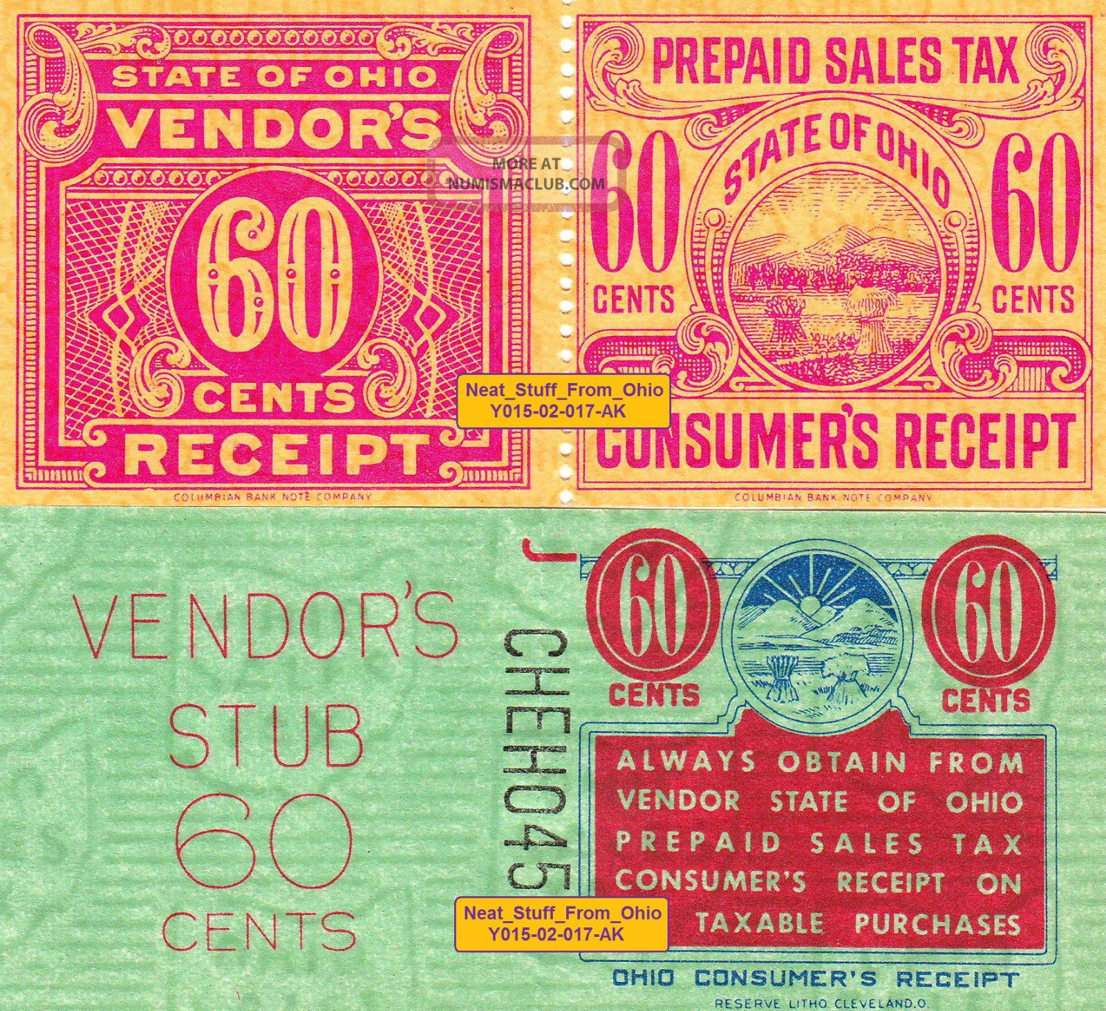 Ohio Prepaid Sales Tax Stamps - Rarer Maroon 60¢ Stamp & 60¢ Comparison Stamp Exonumia photo