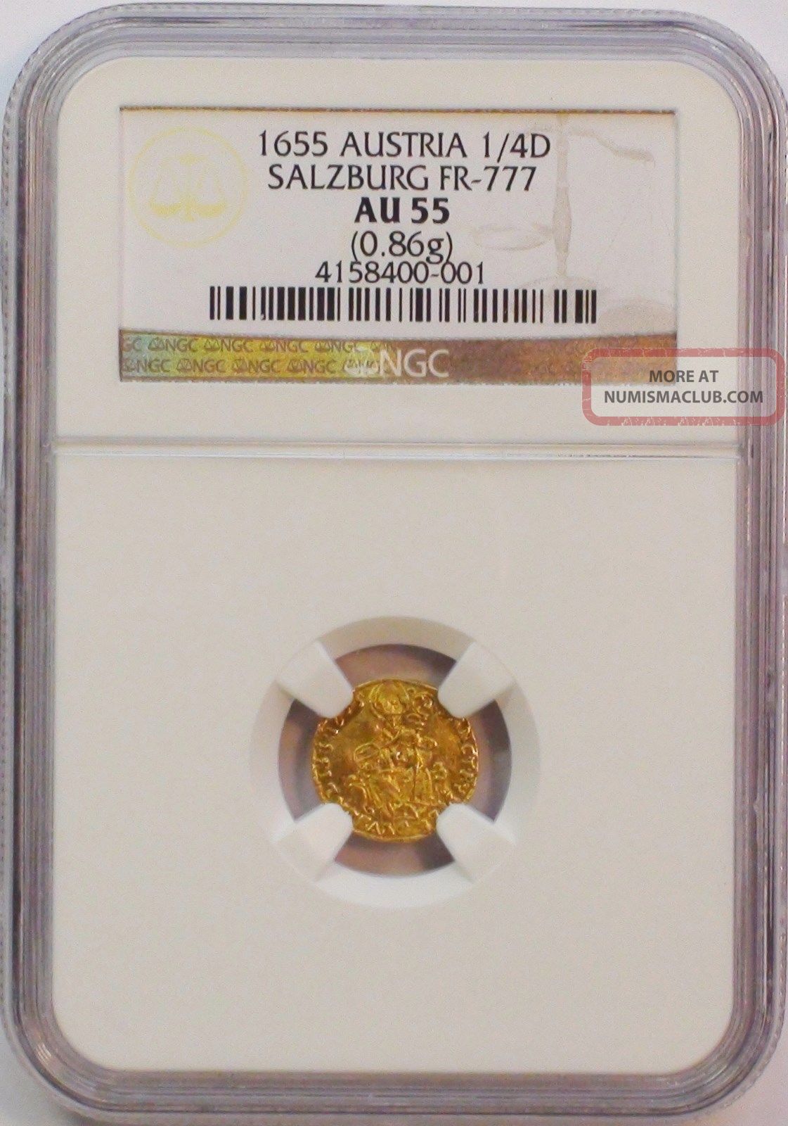 Medieval Europe 1655 1/4 Ducat Gold Coin,  Austria 1/4d Salzburg Ngc Au 55 Coins: Medieval photo