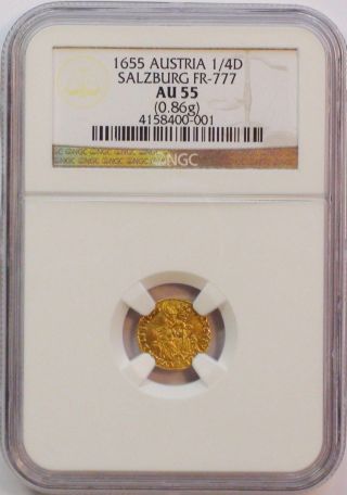 Medieval Europe 1655 1/4 Ducat Gold Coin,  Austria 1/4d Salzburg Ngc Au 55 photo