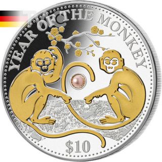 Fiji 2016 10$ Year Of The Monkey Lunar 2016 Proof Silver Coin With Pearl photo