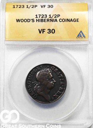1723 Anacs Wood ' S Hibernia Half Penny Coin Anacs Vf 30 Ireland Copper 1/2 Cent photo