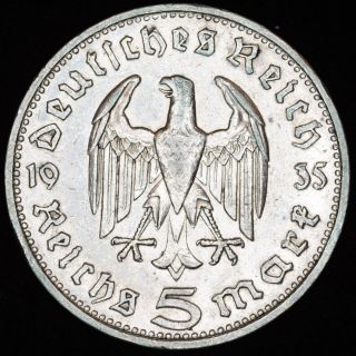 Ww2 German 5 Mark Silver Coin 1935 D Third Reich Hindenburg No Swastika Nazi Sk photo