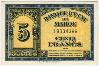 Morocco 1943 Issue Scarce 5 Francs Crisp Note Unc.  Pick 24. photo
