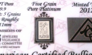 Acb Platinum Pt Bullion 5grain 9.  99 With Certificate Of Authenticity photo