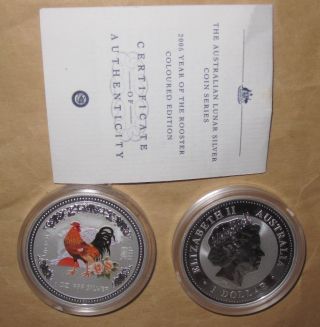 2005 Australia Yr.  Rooster $1 Color Proof 1 Oz Silver (ag) Coin With photo
