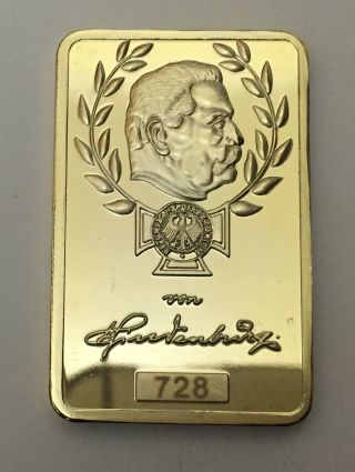 1 Oz German Paul Von Deutsche Reichsbank Finished In 24k Gold Collector Bar Rare photo