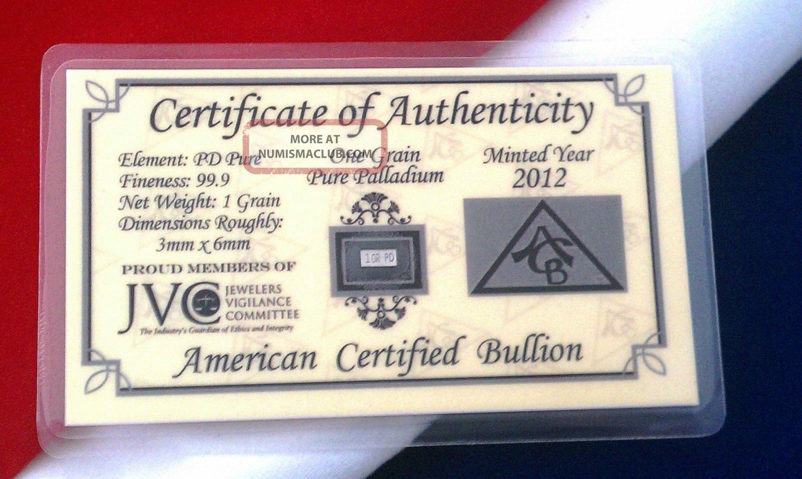 Acb Pd Solid Palladium Bullion Minted 1grain Bar 999 Pure W/ Certificate Bullion photo