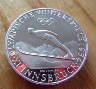 1964 Austria 50 Schilling Innsbruck Winter Olympics Ski Jumper Skiing Unc Silver photo