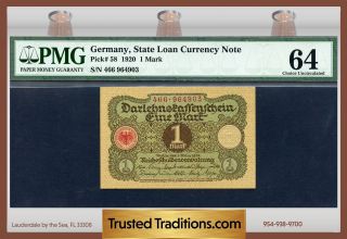 Tt Pk 58 1920 Germany State Loan Currency 1 Mark Pmg 64 Choice Uncirculated photo