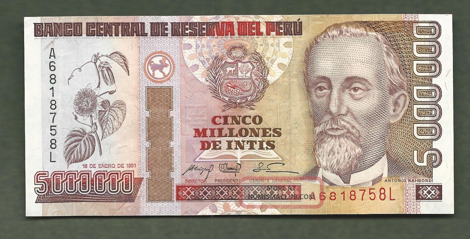 Peru 1991 5,  000,  000 Intis 8758 Aunc 99 Cents Paper Money: World photo