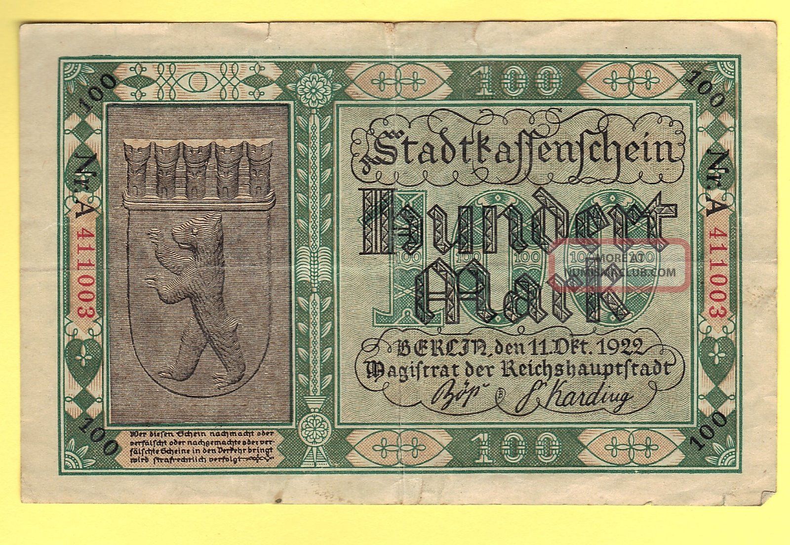 1922 Germany 100 Mark Bank Note