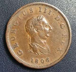 1806 Great Britain George Iii 1/2 Penny Coin (209 Years Old) photo