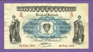 [an] Northern Ireland Bank 1 Pound 1942 Wwii P55 Scarce Grade photo