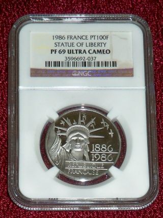 1986 Statue Of Liberty Ultra Cameo 100 Franc Platinum,  Ngc Pr69 20 Grams Pure Pt photo