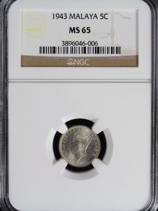 1943 Malaya 5 Cents Ngc Ms65 Km 3a 50 Silver photo