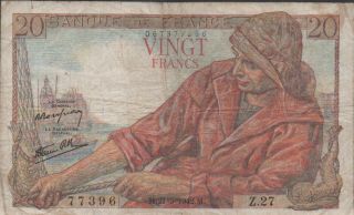France 20 Francs 21.  5.  1942 Series Z.  27 Circulated Banknote Ww Ii Issue photo