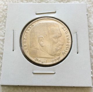 Ww2 German 5 Mark Silver Coin 1939 Silver Coin Third Reich Swastika Hindenburg photo