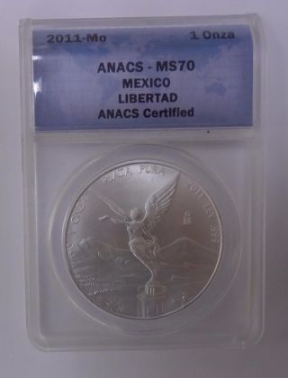2011 1 Onza.  999 Silver Libertad Mexico Flawless Anacs Ms 70 Nors photo