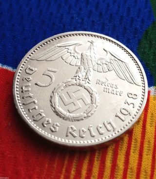 5 Mark German Silver Coin Ww2 1938 A Third Reich Swastika Reichsmark photo