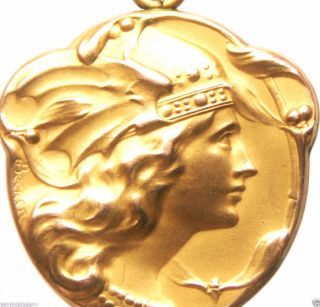 Art Nouveau Lady & Mistletoe Decors - Antique Gold Medal Pendant Signed Becker photo