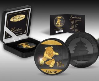 China 2014 10 Yuan Golden Enigma Black Ruthenium Panda 1oz Gilded Silver Coin photo