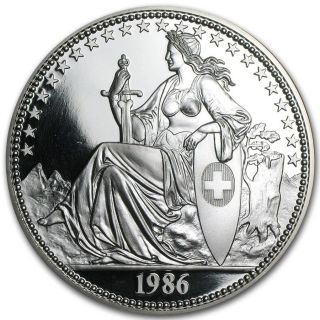 1986 Switzerland 999 Fine Silver 5 Oz Unzen Figure Of Helvetia Unc Proof Round photo