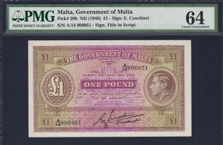 Malta Uniface One Pound Nd (1940) Kg - Vi Pick - 20b Ch Unc Pmg 64 photo