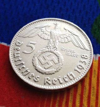 5 Mark German Silver Coin Ww2 1938 D Third Reich Swastika Reichsmark photo