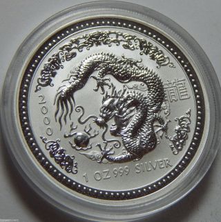 2000 Australia.  999 Fine Silver 1 Dollar Coin - 1 Troy Oz - Year Of The Dragon photo