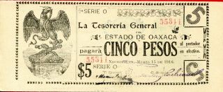Mexico Revolutionary 5 Pesos 15/3/1916 P - S949a Aunc La Tesoreria General Oaxaca photo