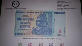 Zimbabwe 100 Trillion Dollars 2008 Aa P - 91 Uncirculated (50 100 Series) photo