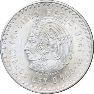 Mexico 5 Pesos Cuauhtemoc 1948, .  900 Fine Silver.  Unc photo