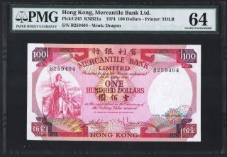 1974 Hong Kong Mercantile Bank $100 Paper Banknote Pmg 64 Unc photo