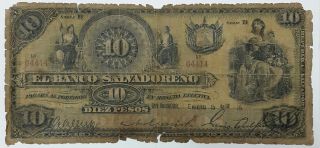 El Salvador,  El Banco Salvadoreño 10 Pesos (enero 15 1915) Banknote Rare Rrr, photo