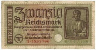 Germany 20 Reichsmark Ww2 1940 - 1945 Swastika Banknote photo