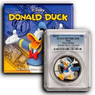 2014 Niue Pcgs Pr70 Fs Donald Duck Disney.  999 Silver $2 First Strike & Ogp photo