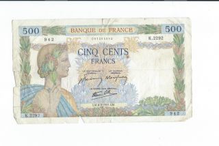 France 500 Francs (1941) 10 Francs 1939;new Caledonie 1 & 2 Francs & 50 Centimes photo