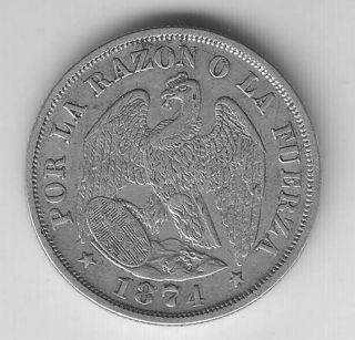Chile (1) 1874,  20 Cents,  Weight 5.  1 Grams.  Diameter 27 Millimeters photo